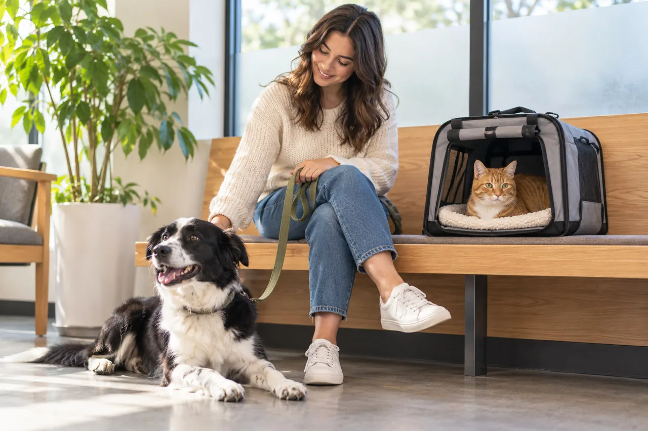 Owner seated in a veterinary waiting area with a dog and a cat carrier
