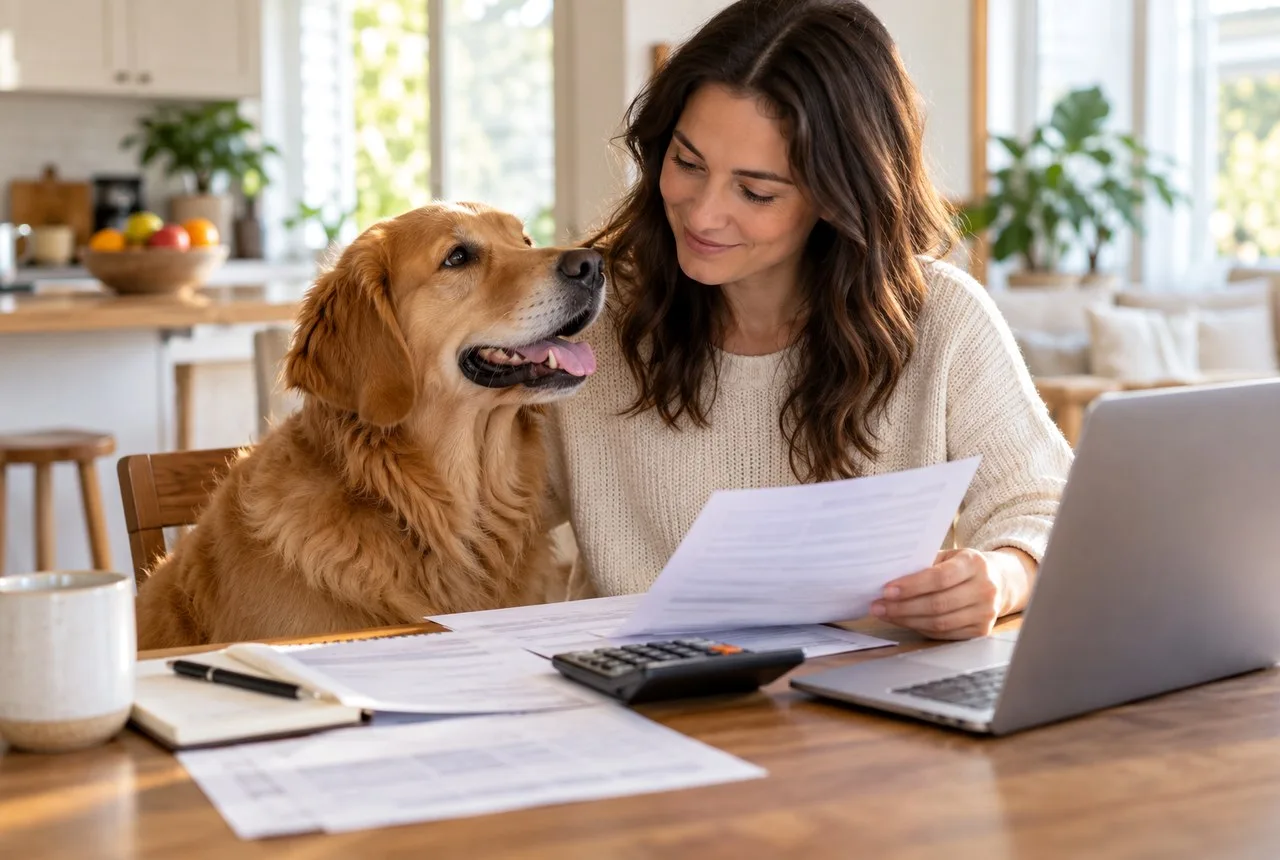 Owner reviewing papers beside a golden-colored dog